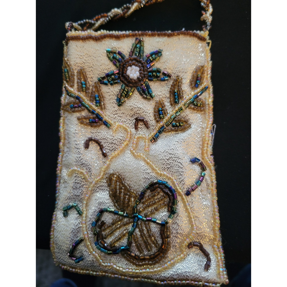 Vintage Evening Bag Gold Beaded Size S Hand Purse Clutch Flowers Dragon fly - Picture 2 of 6